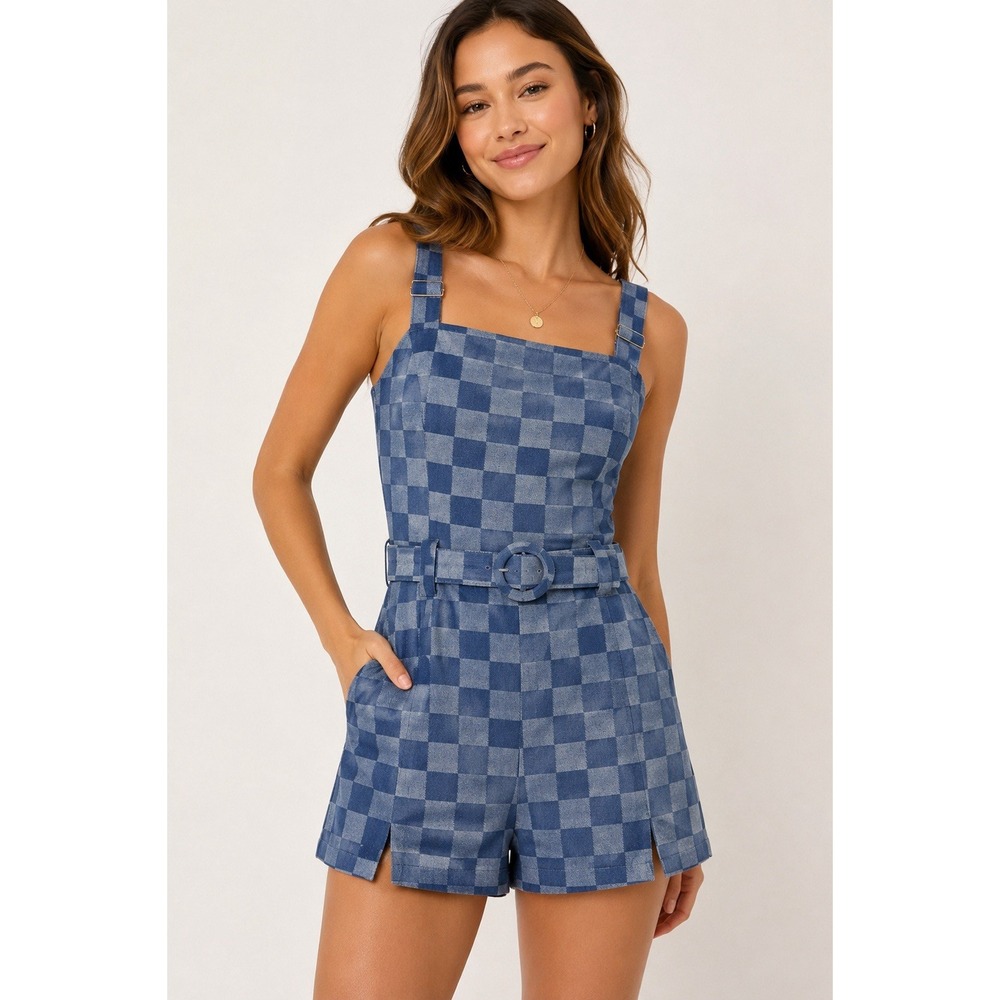 Baby Pink Women's Blue Checkered Belted Romper Size S NWT Adjustable Straps
